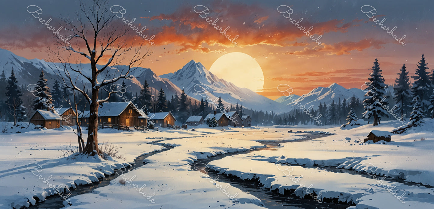 "Winterzauber in der Abenddämmerung: Ein stilles Tal im Schein der untergehenden Sonne"