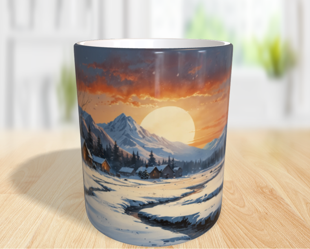 "Winterzauber in der Abenddämmerung: Ein stilles Tal im Schein der untergehenden Sonne"