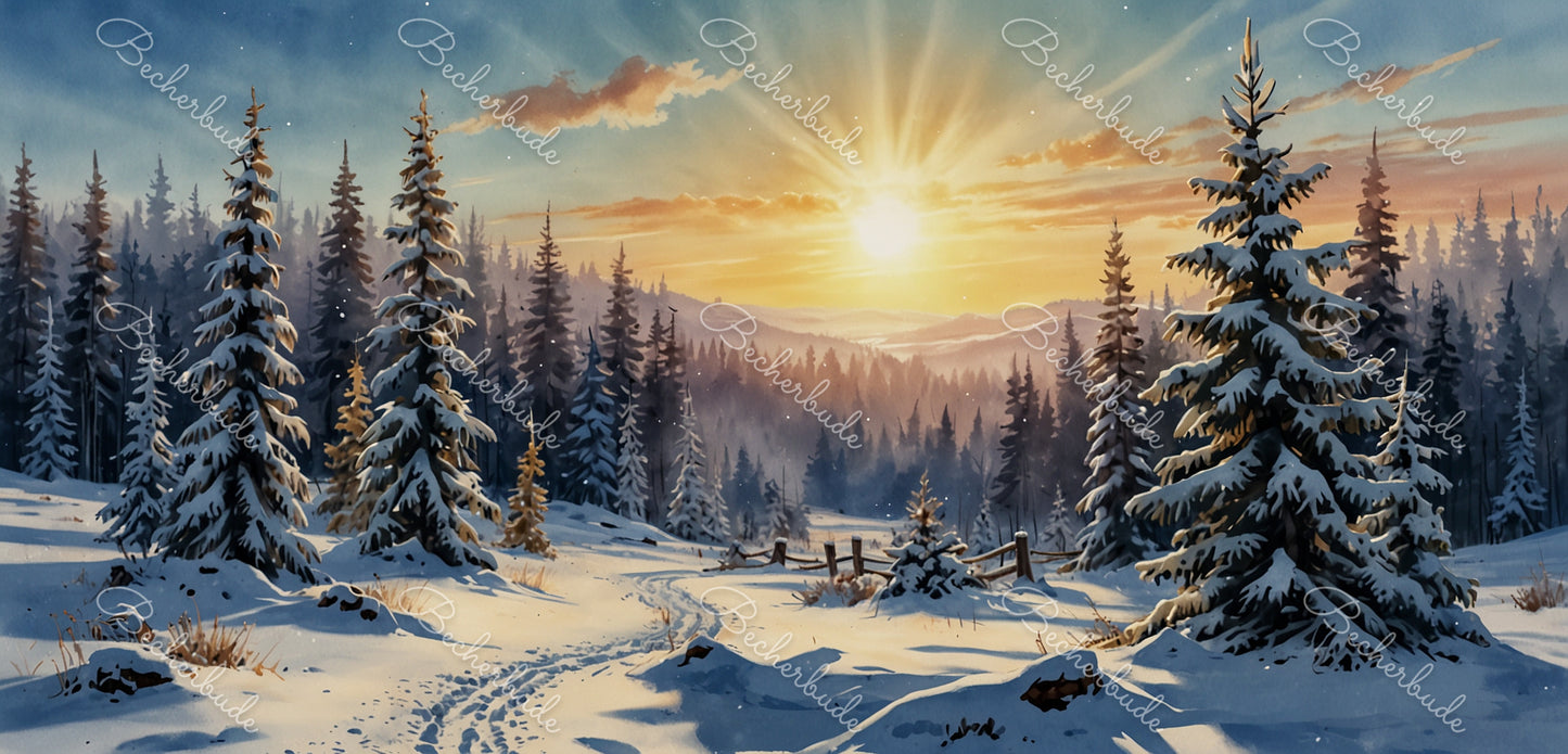 "Verschneite Wälder im goldenen Morgenlicht"