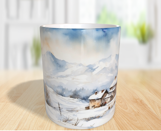 "Winteridylle in den Bergen: Ein friedliches Aquarell voller Zauber."