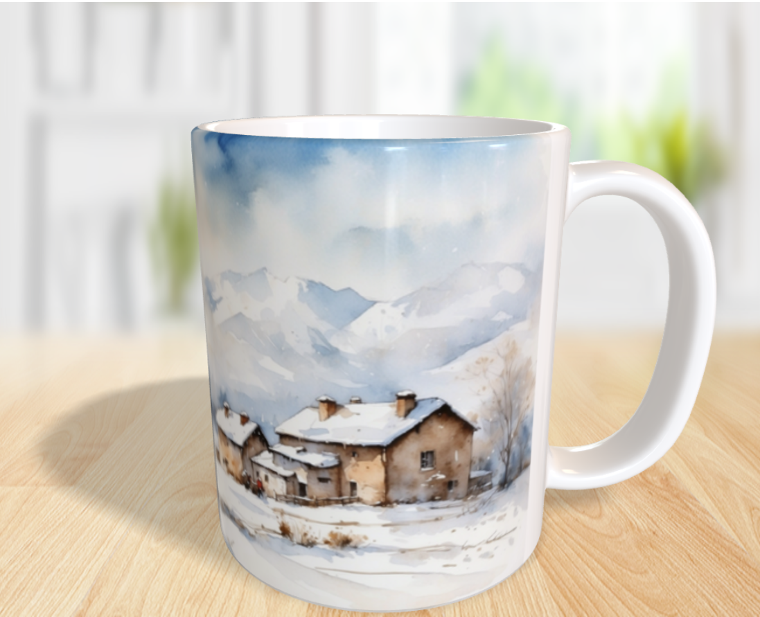 "Winteridylle in den Bergen: Ein friedliches Aquarell voller Zauber."